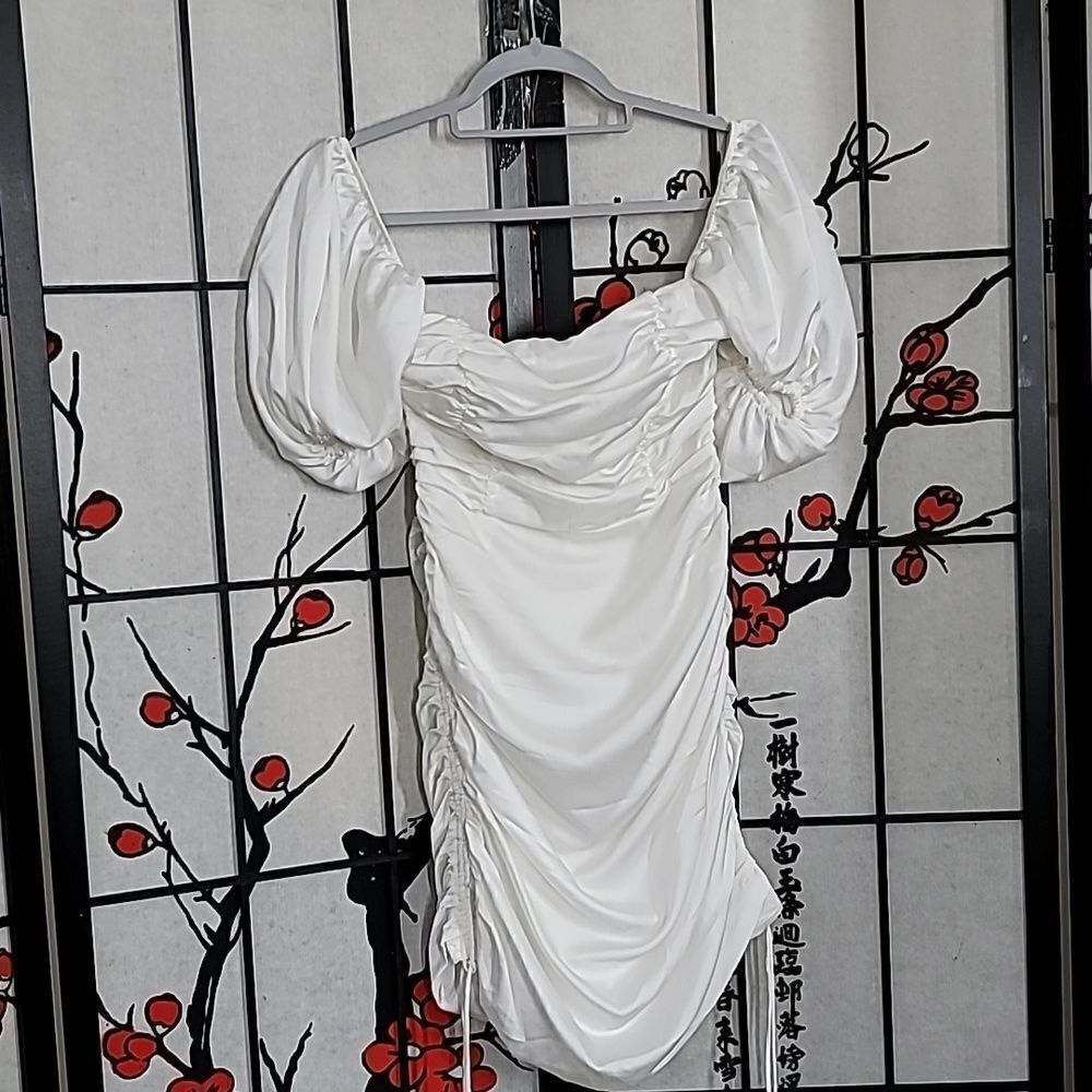 Sabo Skirt Ruched Mini Peasant Dress in White - Picture 5 of 11
